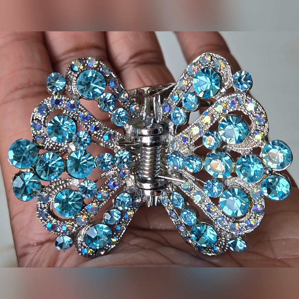 Fan Silver and Blue Butterfly Hair Clip Claw